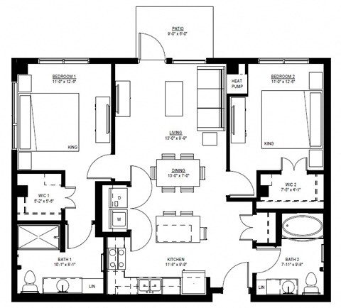 Floor plan for 2 beds, 2 baths, 1036 sqft